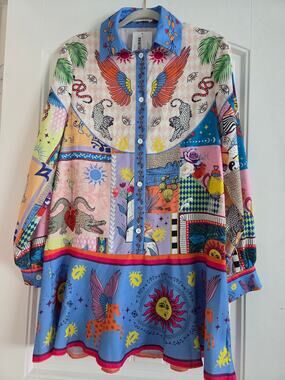 Endless Moon Patchwork Satin Mini Dress NWT Celestial Vacation Tunic S